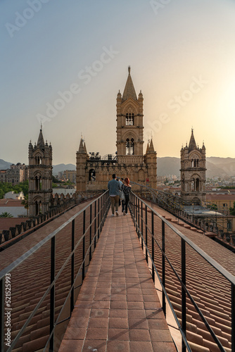 Palermo Cathedral, view of the main towers from the roof at sunset