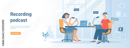 Recording audio podcast. Live streaming, broadcast, news, interview, talk show, blog. Man and woman talking.Flat concept great for social media promotional material. Website banner on white background