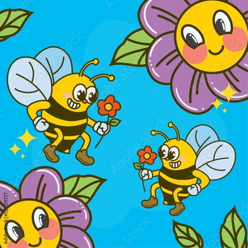 cartoon poster of bees and flowers