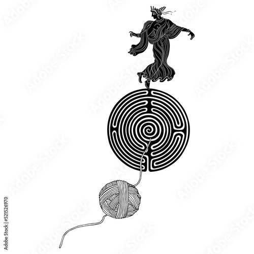 Ancient Greek lady dancing on top of a round spiral maze or labyrinth symbol and a yarn ball. Ariadne thread. Creative mythological concept. Black and white silhouette. photo