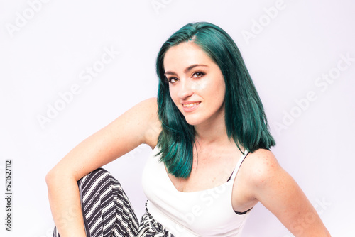 girl with green hair on white backgrop photo