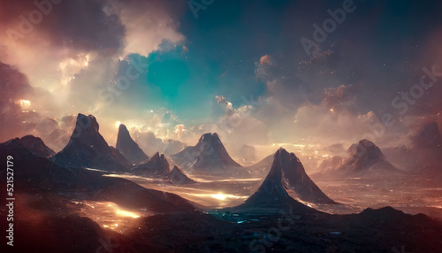 Mountain fantasy landscape with beautiful sunset. 3D illustration. 