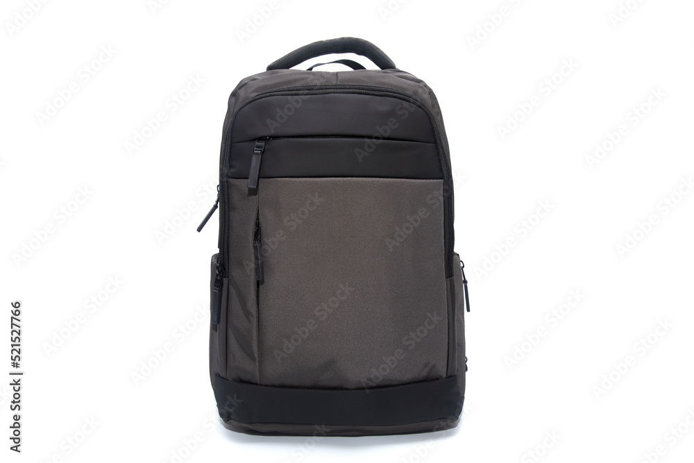 Brown and black backpack on a white background.
Front view. - obrazy, fototapety, plakaty 
