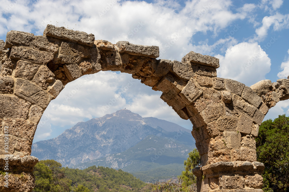 Antalya province, Turkey, the ancient city of Phaselis, the Taurus Mountains seen from inside the historical  arch.