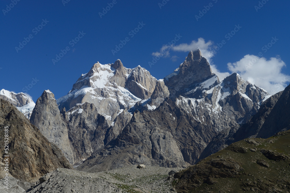 Baintha Brakk or 'The Ogre' is a steep, craggy mountain, (7,285 meters) in Panmah Muztagh, a sub range of Karakoram range. It is on the brink of 67 kilometers long Biafo Glacier in Pakistan. 