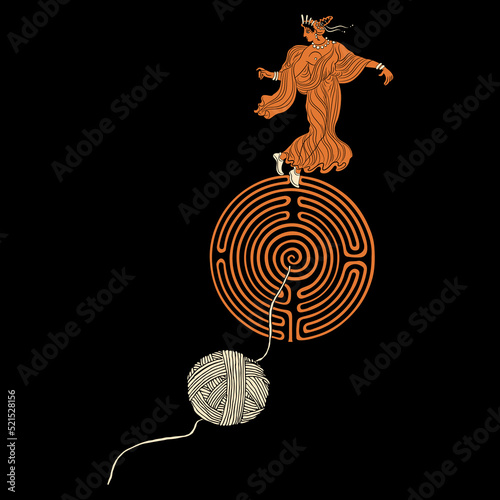 Ancient Greek lady dancing on top of a round spiral maze or labyrinth symbol and a yarn ball. Ariadne thread. Creative mythological concept. On black background.