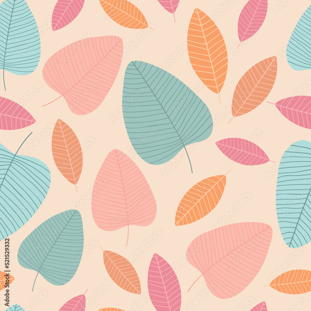 Seamless pattern with colorful leaves. Hand drawing autumn background. Vector illustration.