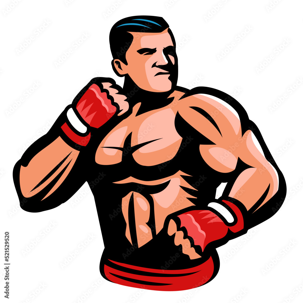 Fighter with boxing gloves design element for sports emblem. Muscular boxer mascot logo design. Vector isolated Fighter with boxing gloves design element for sports emblem. Muscular boxer mascot logo design. Vector isolated