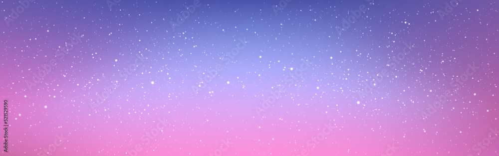 Color milky way. Starry wide poster with constellations. Beautiful gradient with shining white stars. Romantic night sky. Cosmos template. Vector illustration
