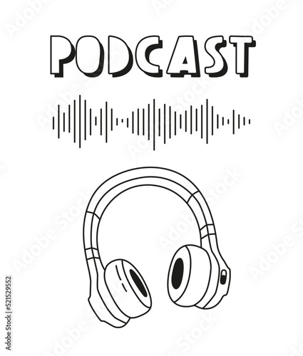 Headphones, on air icons on white background. Podcast recording and listening, broadcasting, online radio, audio streaming service concept. Hand drawn vector isolated illustrations