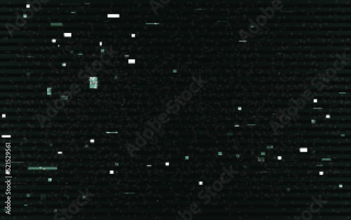 Glitch elements on black backdrop. Abstract green pixels and shapes. White noise and lines. Digital video distortion. No signal effect. Playback error. Vector illustration