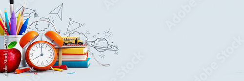 Orange alarm clock with red apple and school equipment. Back to school concept on white background 3D Rendering, 3D Illustration
