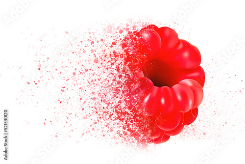 White background with raspberry illustration with dispersion of the fruit 