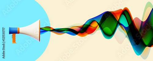 Side view of a megaphone and multicolored abstract curved lines representing sound