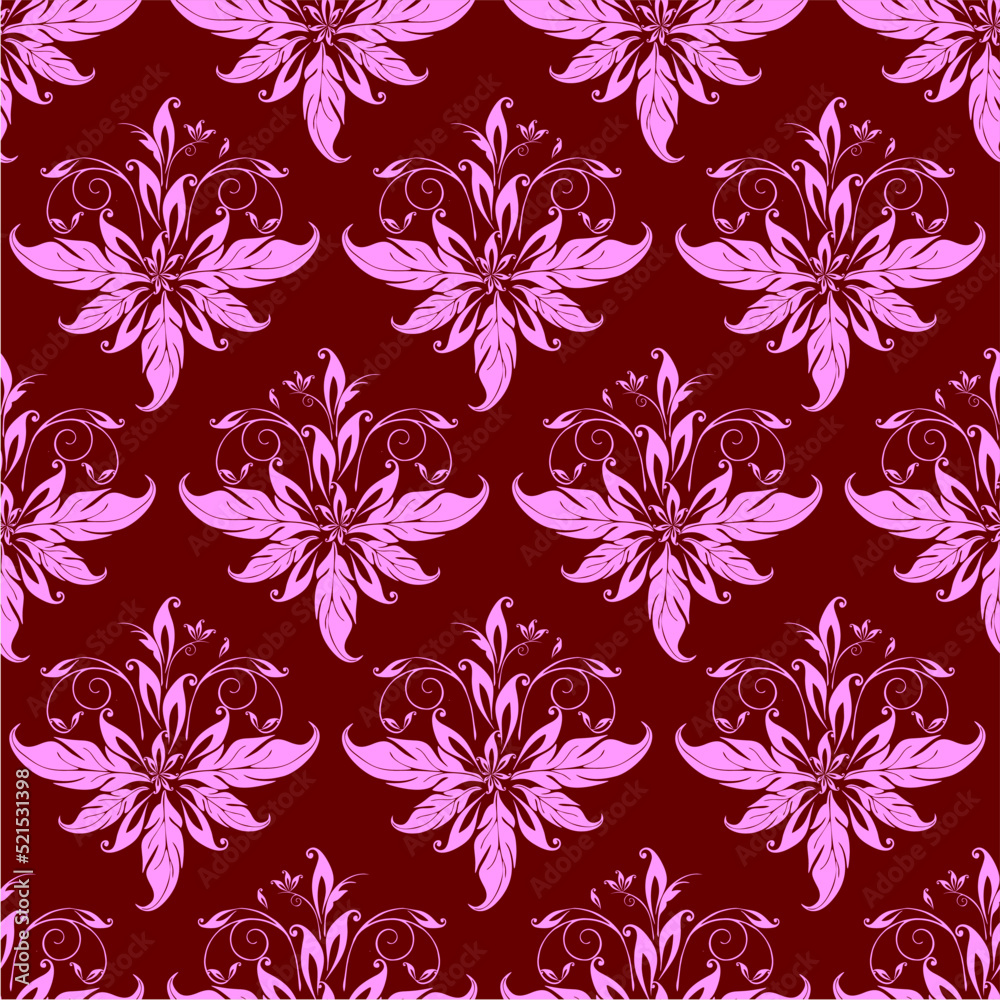 seamless graphic pink pattern on burgundy background, floral ornament tile, texture, design