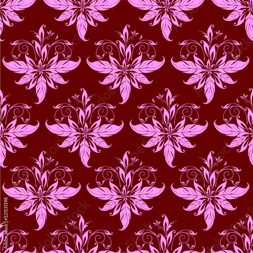 seamless graphic pink pattern on burgundy background, floral ornament tile, texture, design