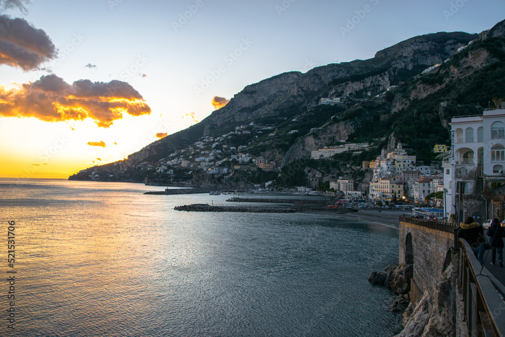 Amalfi cityscape from above at sunset