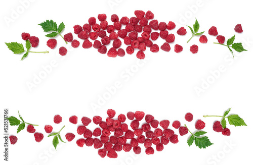 Red ripe raspberries and green leaves on a white background. View from above