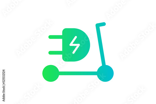 Electric push scooter icon. Green gradient cable electrical kick e-scooter and plug charging symbol. Eco friendly electro vehicle logo concept. Vector battery powered EV transportation illustration