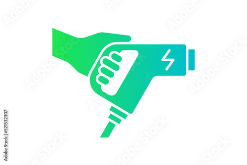 Hand holding electric charger connector green gradient icon. Electrical transportation energy charging plug symbol. Eco friendly electro vehicle charge sign. Battery powered EV transport station logo