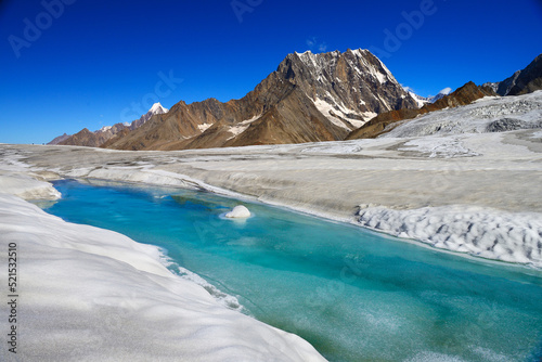 A glacial water stream of Hispar glacier in the Karakoram National Park, near Snow Lake or confluence of Biafo and Hispar Glaciers.