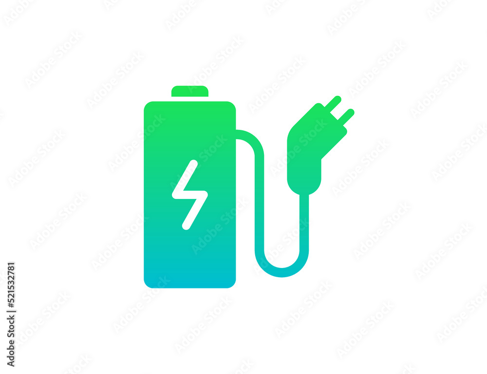 Rechargeable battery with cord and electric charging connector green gradient icon. Accumulator charger plug symbol. Electricity equipment power bank charge sign. Vector eps design element Rechargeable battery with cord and electric charging connector green gradient icon. Accumulator charger plug symbol. Electricity equipment power bank charge sign. Vector eps design element