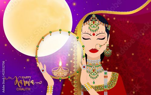 Happy Karwa Chauth festival card with gold patterned and crystals on paper color Background.
