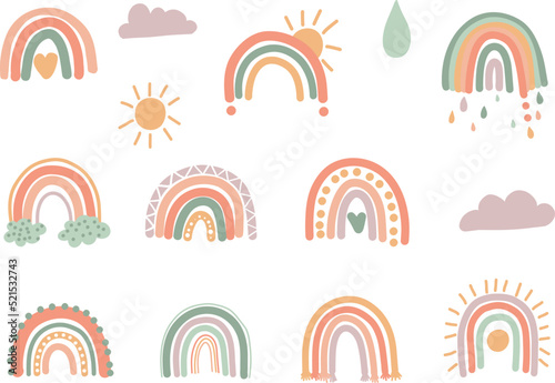 Hand Drawn Boho Rainbows. Cute Set in Pastel and Earthy Colors. Vector Isolated Elements. Scandinavian Style. Neutral Nursery Art Design for Room Decoration, Printing on Textiles or Wall Decal.