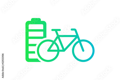 Electric bicycle fully charged battery energy indicator green gradient icon. Electrical transportation bike accumulator charger symbol. Electro charging cycle. Eco friendly transport recharge eps sign