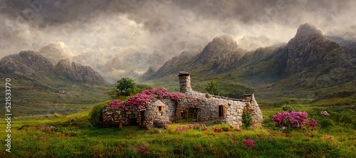 Valokuva Imaginative Scottish stone wall cottage and enchanted dreamy surrealism
