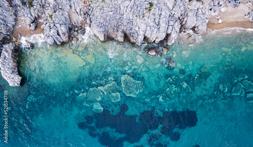 drone perspective of Kassandra cliffs near Paliouri, Greece. stunning natural seashore. High quality photo