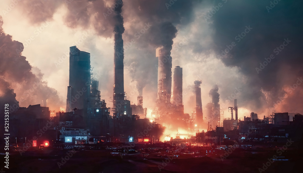 Economic crisis, industrial buildings at sunset, chimneys with smoke. 3D illustration