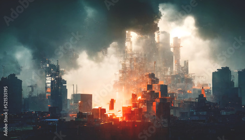 Economic crisis  industrial buildings at sunset  chimneys with smoke. 3D illustration