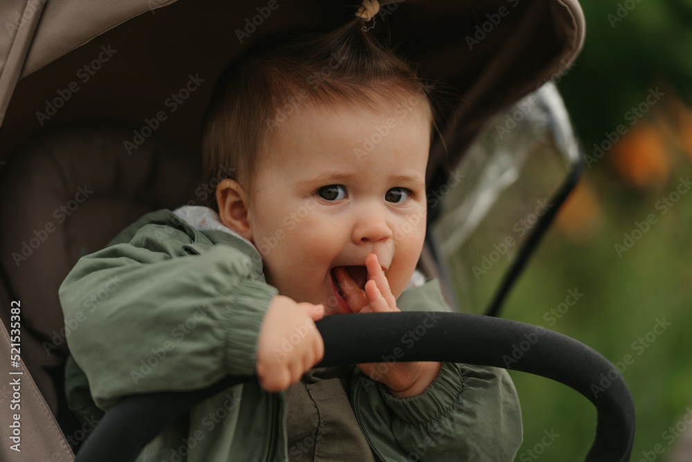 A female toddler is sitting in the stroller on a cloudy day.