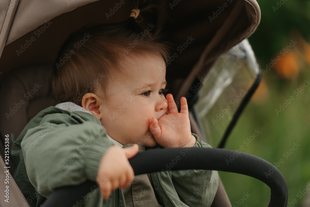 A female toddler is sitting in the stroller on a cloudy day. A female toddler is sitting in the stroller on a cloudy day.