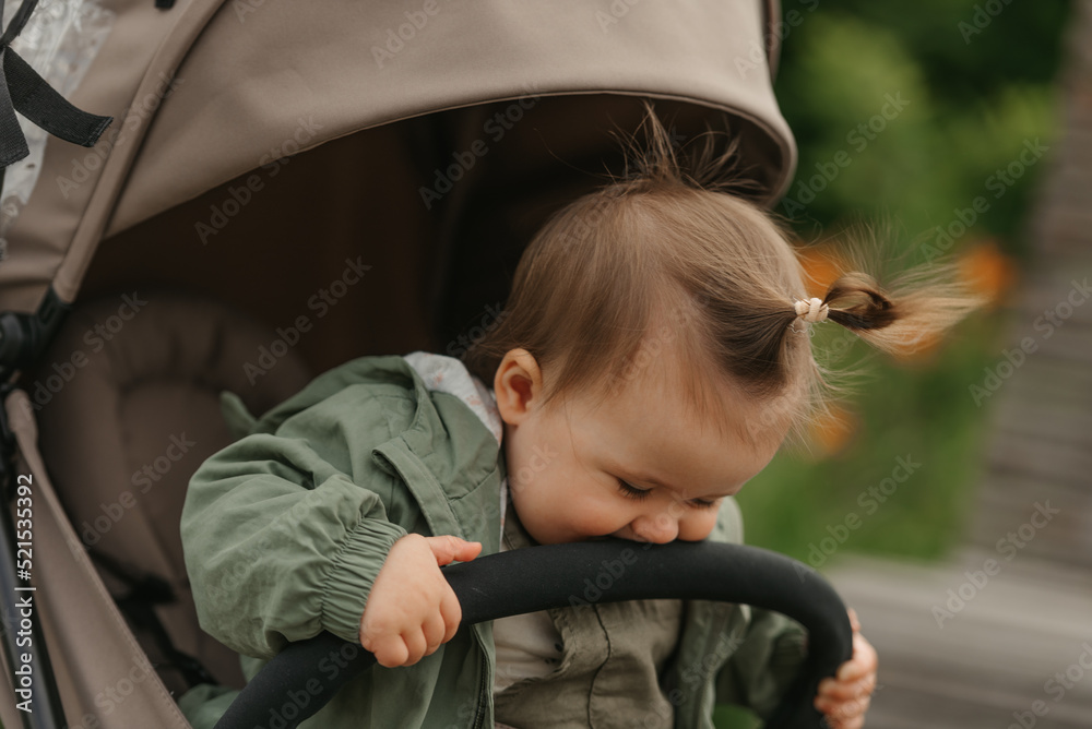 A female toddler is sitting in the stroller on a cloudy day.