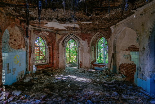 Inside old ruined abandoned historical Khvostov's mansion in Gothic style