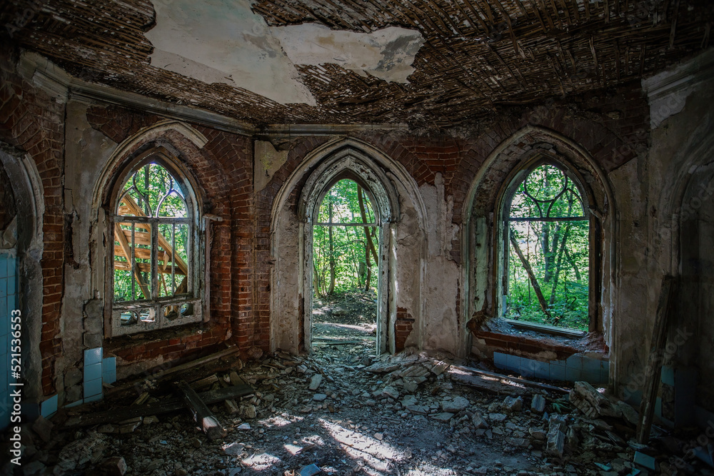 Inside old ruined abandoned historical Khvostov's mansion in Gothic style Inside old ruined abandoned historical Khvostov's mansion in Gothic style