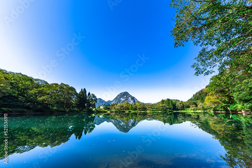 緑の山と湖と青空