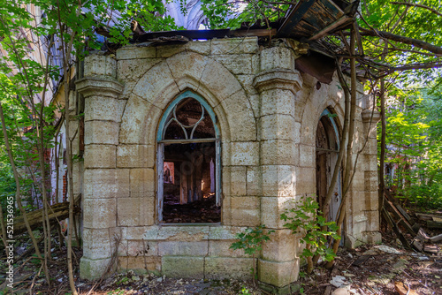 Old ruined abandoned historical Khvostov s mansion in Gothic style