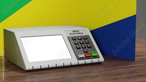 Renderização 3D de urna eletrônica com cores da bandeira do Brasil ao fundo, tela branca e escritos dizendo em português: 