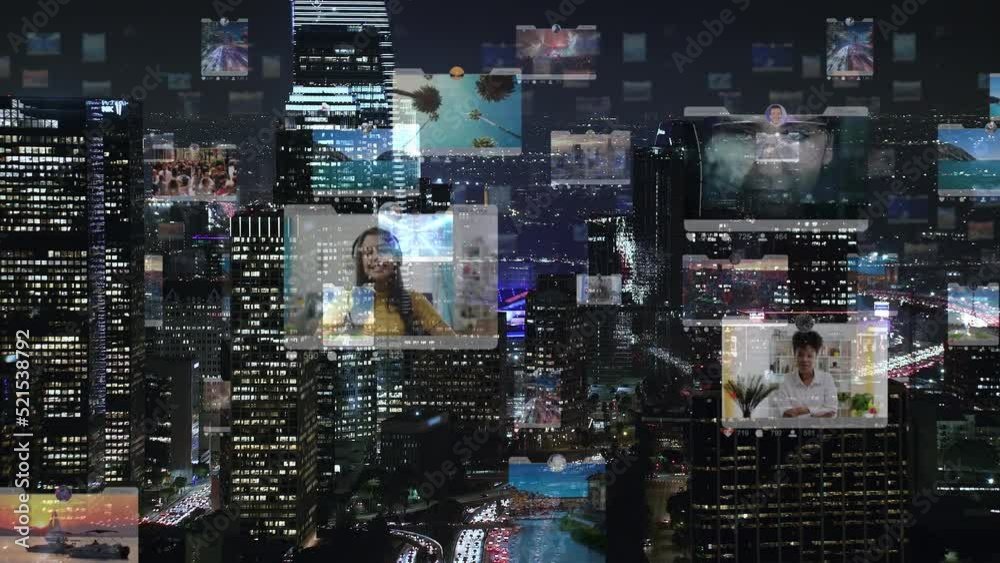 Futuristic City Connected to Social Media. High Tech Vision of Los Angeles at Night. Augmented Reality, Social Network Interfaces, Internet of Things. United States. Futuristic City Connected to Social Media. High Tech Vision of Los Angeles at Night. Augmented Reality, Social Network Interfaces, Internet of Things. United States.
