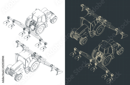 Tractor with plowing equipment isometric blueprints