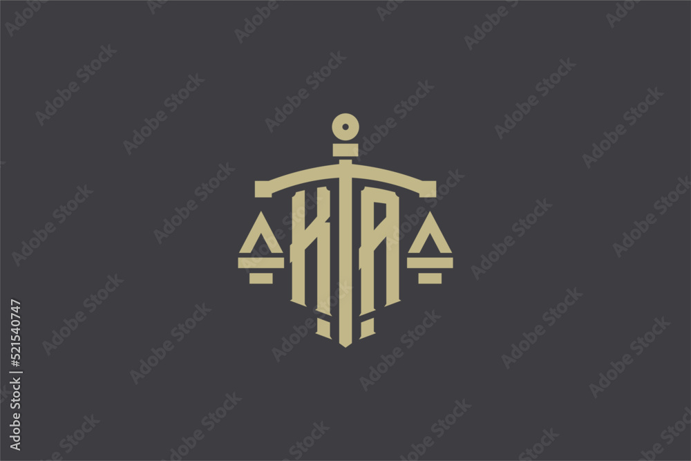Letter KA logo for law office and attorney with creative scale and sword icon design - obrazy, fototapety, plakaty 