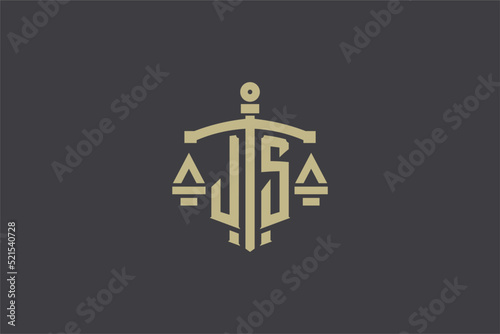 Letter JS logo for law office and attorney with creative scale and sword icon design