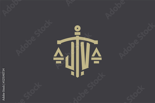 Letter JV logo for law office and attorney with creative scale and sword icon design