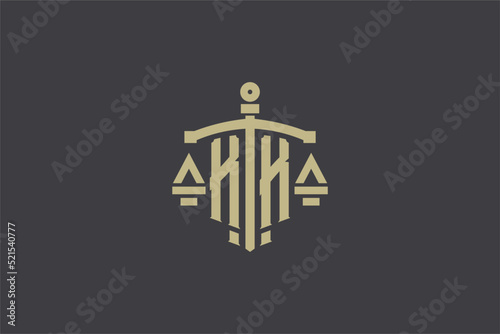 Letter KK logo for law office and attorney with creative scale and sword icon design