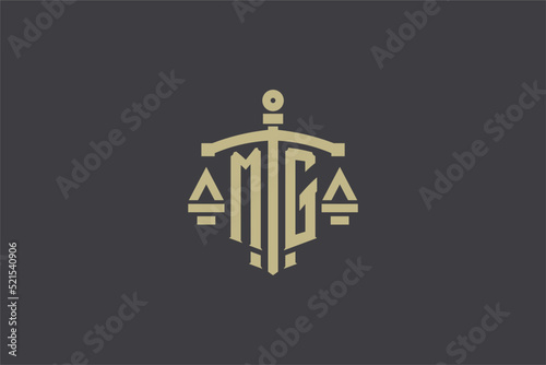 Letter MG logo for law office and attorney with creative scale and sword icon design