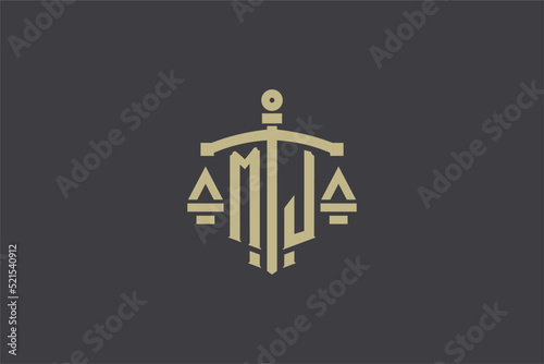 Letter MJ logo for law office and attorney with creative scale and sword icon design