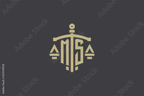 Letter MS logo for law office and attorney with creative scale and sword icon design